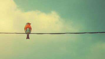 A colorful small bird sitting alone on a thin wire photo