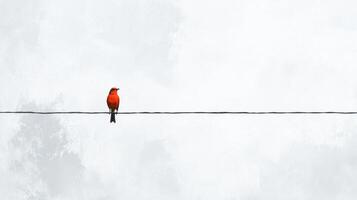 A small red bird perches on a single wire outdoors photo