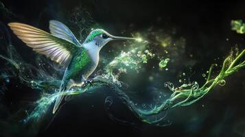 A luminous green hummingbird perches upon a magical leafy branch photo