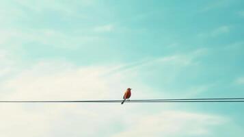 An orange bird sitting peacefully on a thin black wire photo