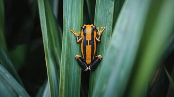 A vibrant poison dart frog resting on green plant leaves photo