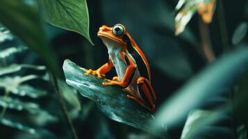 An orange and black frog perched on a green leaf photo