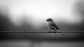 A small bird perched on a thin wire looking ahead photo