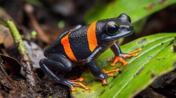 A Colorful Poison Dart Frog Resting On A Green Leaf photo