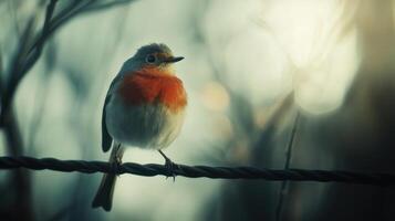 A small bird with an orange breast perched on a wire photo