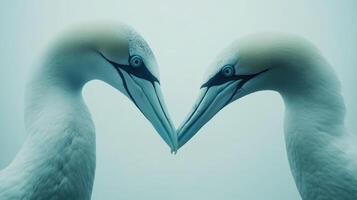Two seabirds are positioned close together in front of a hazy background photo