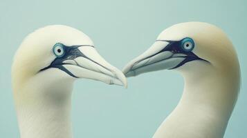 Two seabirds are facing each other with a light blue background photo