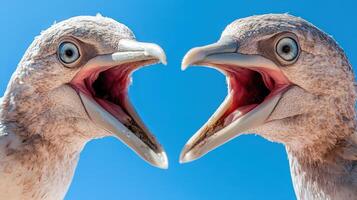 Two seabirds looking directly at the viewer with open mouths photo