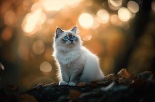 A fluffy cat looking upwards in an autumnal natural setting photo