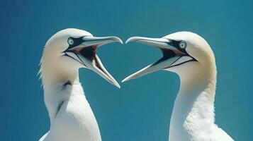Two white seabirds facing each other against a clear blue sky photo