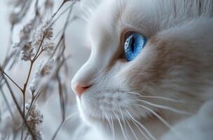 A beautiful white cat with striking blue eyes is looking away photo