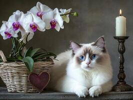 Fluffy cat lying near orchids with candle and decorative items photo