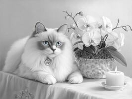 A fluffy cat and orchids next to a lit candle photo