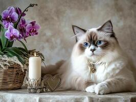 A beautiful long haired cat is posing with a floral arrangement photo