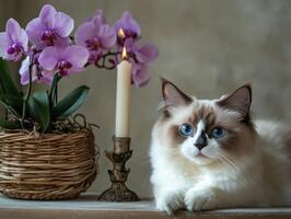 A beautiful cat rests near orchids and a lit candle photo