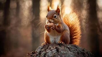 An adorable squirrel holding a nut while resting on a tree trunk photo