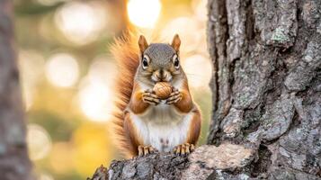 A small red squirrel holding a nut in its tiny paws photo