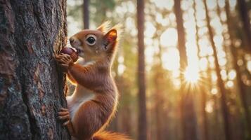 A red squirrel holds a nut while climbing on tree bark photo