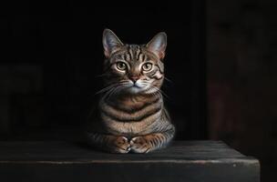 A beautifully posed feline domestic cat sits attentively indoors photo