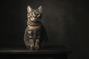 A beautiful tabby cat sitting attentively on a wooden surface photo