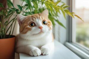 A charming fluffy cat resting near a potted plant inside home photo
