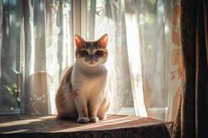 A calm orange and white cat sits near a bright window photo