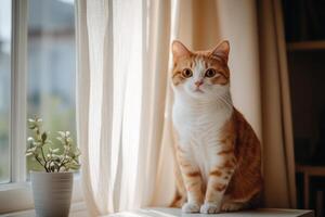 An orange and white cat sitting in front of a window photo