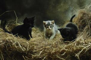Three adorable kittens are resting in a bed of dry hay photo
