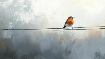 An artistic painting of a bird perched on wires photo