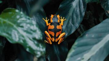 A brightly colored frog is resting on a large green leaf photo