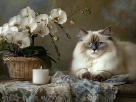 A Fluffy Cat Reclines Near White Orchids and a Candle photo