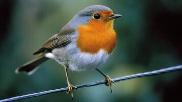 A beautiful bird with bright orange feathers sitting on a wire photo