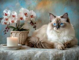 A fluffy cat relaxes near an orchid plant and burning candle photo