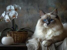 A fluffy cat with blue eyes poses by a floral arrangement photo