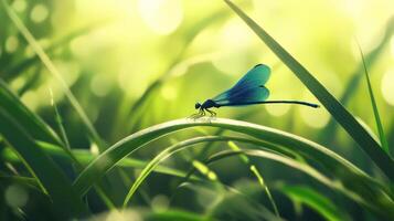 A beautiful blue dragonfly resting upon green blades of grass photo