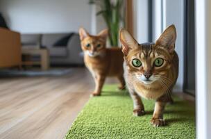 Two adorable brown cats looking directly at the viewer indoors photo