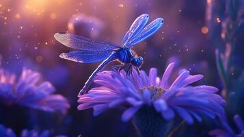 A beautiful dragonfly resting gently upon a blooming purple flower photo