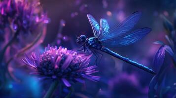 A detailed image of a blue dragonfly on a purple flower photo