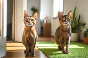 Two beautiful cats are standing attentively in a well lit hallway photo