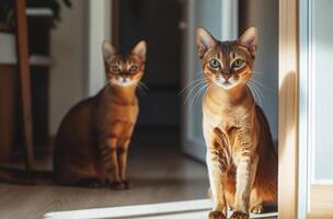 Two elegant brown cats are sitting indoors looking directly forward photo