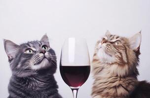 Two adorable cats looking up at a glass of red wine photo