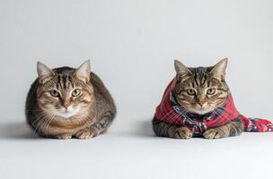 Two tabby cats are posing for the camera looking directly forward photo