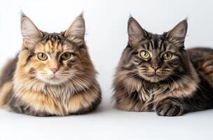 Two adorable cats are resting with a soft white background photo