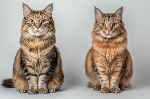 Two majestic long haired felines posing in front of a white backdrop photo