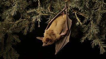 A brown bat clinging upside down on a green tree branch photo