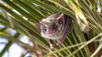 A Small Bat Hanging from the Lush Green Leaves of a Tree photo