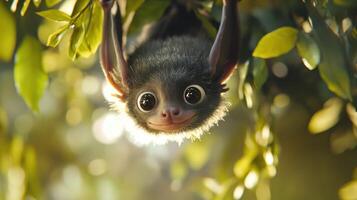 A cute bat smiles while hanging upside down on a tree photo