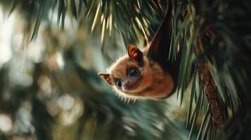 A small smiling bat hangs upside down in a pine tree photo