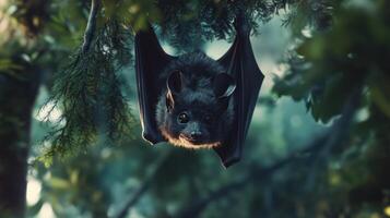 A dark bat hanging upside down in a lush green forest photo