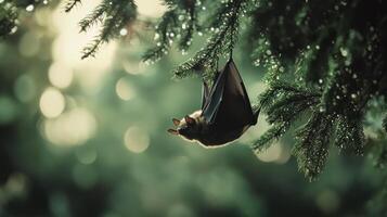 A bat hangs upside down on a tree branch in nature photo